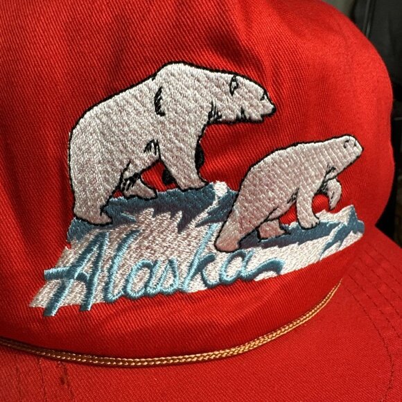 VINTAGE ACE ALASKA 1990 RED ROPE TRUCKER HAT POLAR BEARS SNAPBACK A.C.E. - Picture 2 of 10